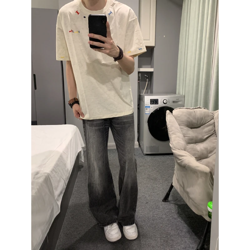 砂洗重磅彩绣T恤男短袖夏季潮牌设计感国风重磅美式小领口五分袖