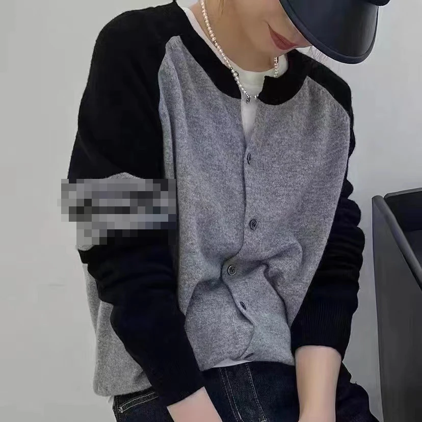 【经典小开衫】秋冬时尚休闲宽松百搭圆领拼色女士毛衣外套-9868