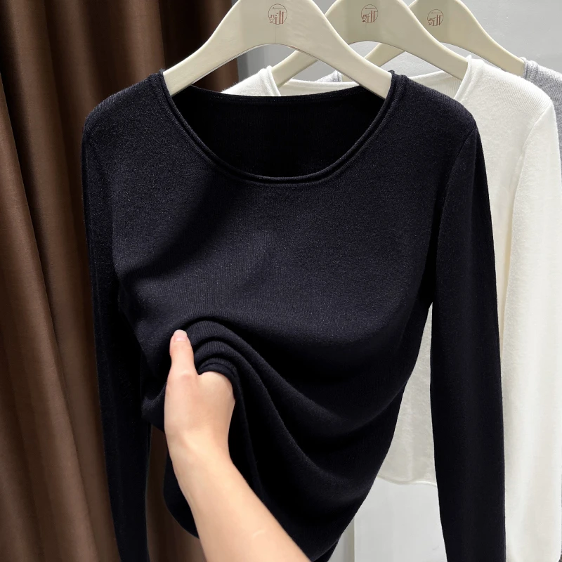 黑色2025春秋季圆领长袖薄款修身针织衫上衣女正肩打底衫内搭小衫