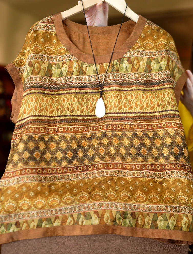 繁花<<非遗美学>>1297香云纱时尚百搭显瘦金色印花上衣