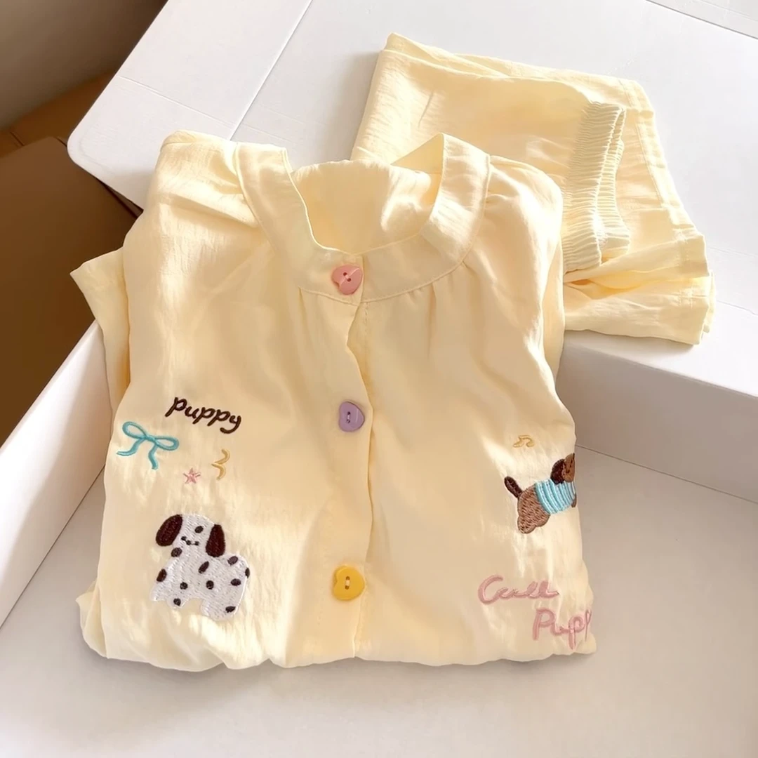 带胸垫睡衣女夏季三件套云朵棉甜美可爱卡通刺绣小狗可外穿家居服