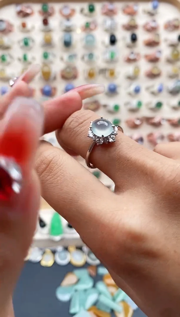 【闪购商品】翡翠戒指银S925镶嵌缅甸天然A货翡翠222  10+5