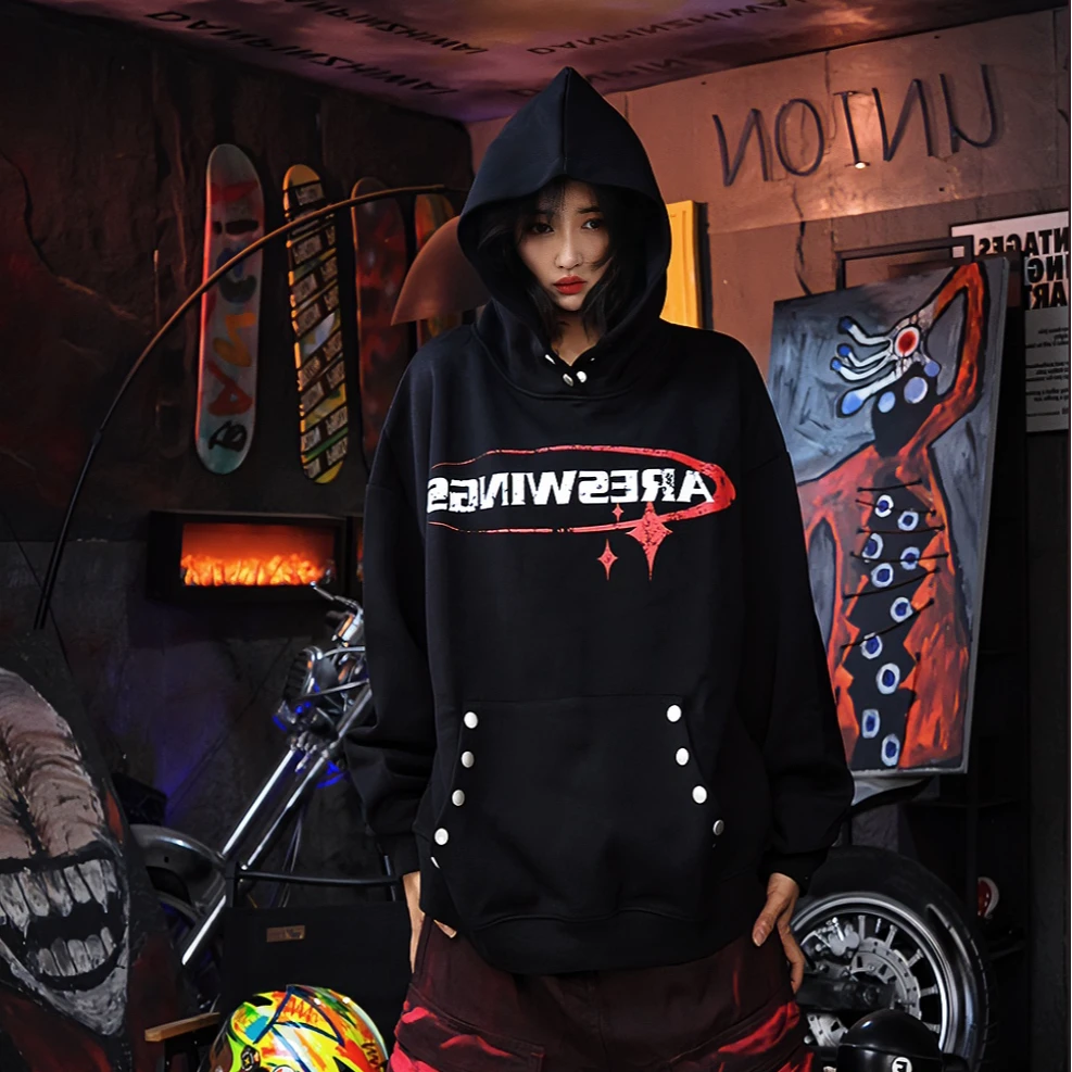 连帽字母印花四季通用做旧男女卫衣国潮休闲痞帅甜辣风