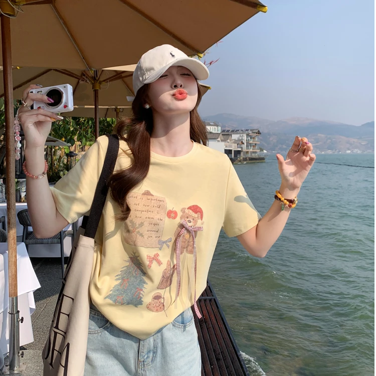 黄色圆领印花短袖T恤女装2025设计感宽松独特漂亮甜美上衣