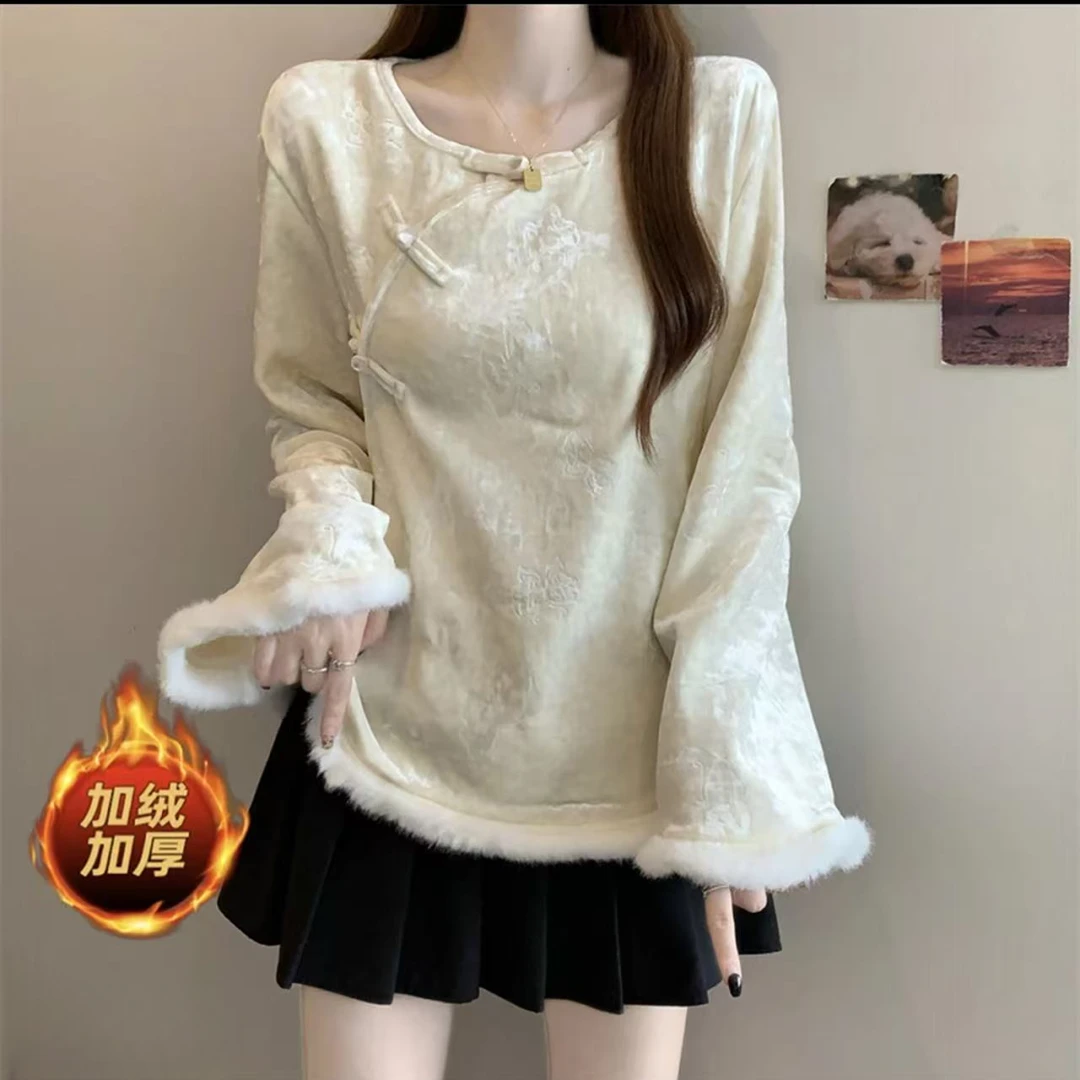 新中式国风水貂绒丝绒打底衫女冬季大码胖mm显瘦加绒加厚内搭上衣
