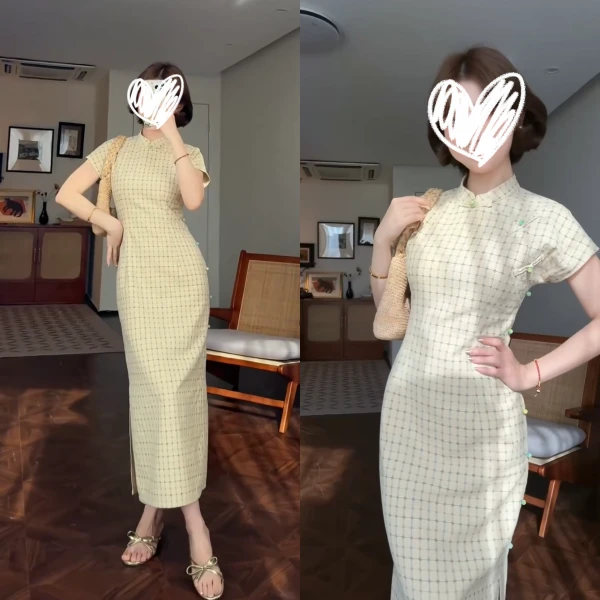 新中式女装黄色立领盘扣格子古法旗袍夏季小个子高级感国风连衣裙