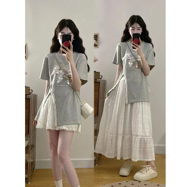 2025夏装新款大码女装蝴蝶亮片短袖T恤+花边蛋糕裙两件套1616