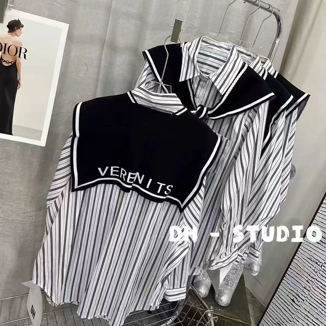 2025春款法式长袖条纹拼接衬衫 披肩休闲两件宽松翻领百搭衬衫女