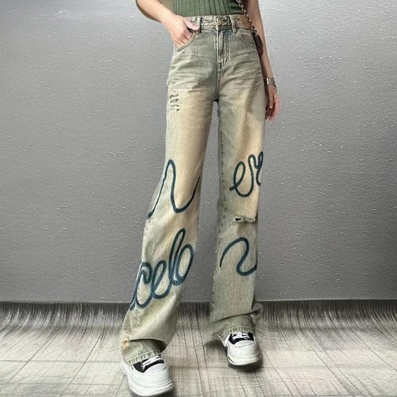 欧洲站欧货新款爆款春季破洞水洗直筒牛仔裤女高腰显瘦休闲阔腿裤