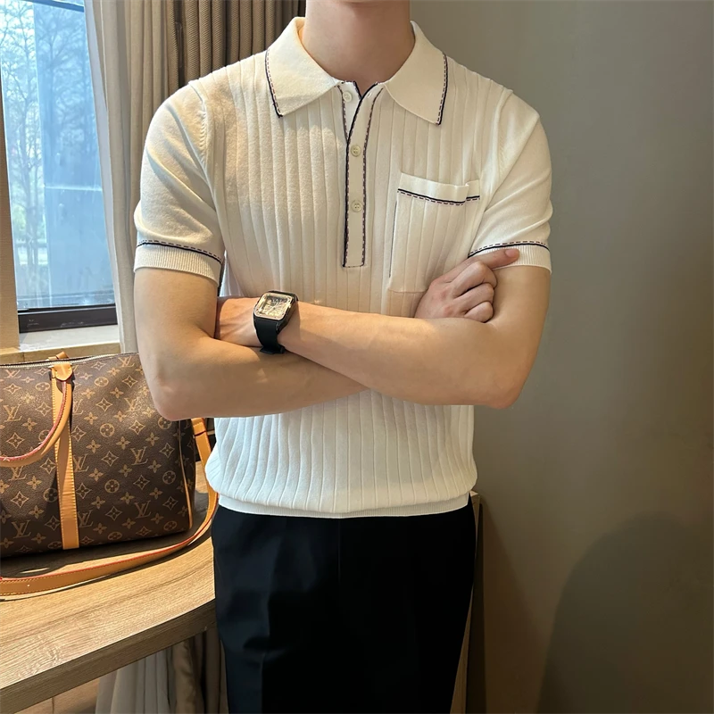 约文库费高端时尚春夏季男款短袖上衣拼色刺绣翻领修身口袋针织衫