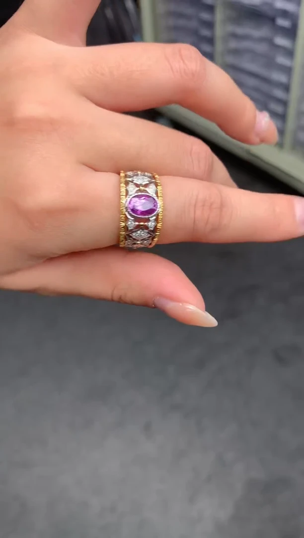 【闪购商品】彩色蓝宝石戒指18K金镶嵌1.3ct粉蓝宝戒指