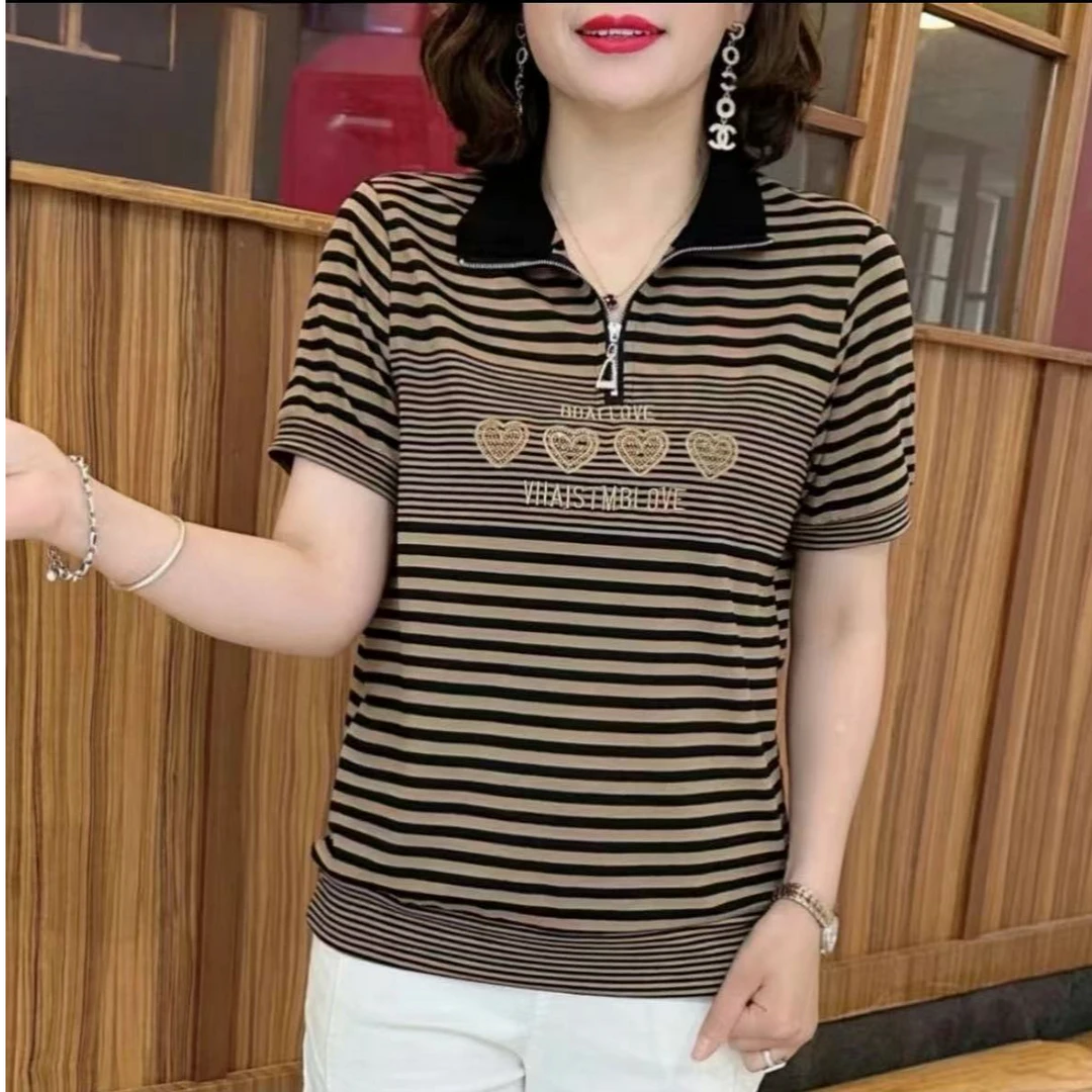 妈妈装2025春夏新款立领宽松洋气上衣条纹显瘦遮肉小衫