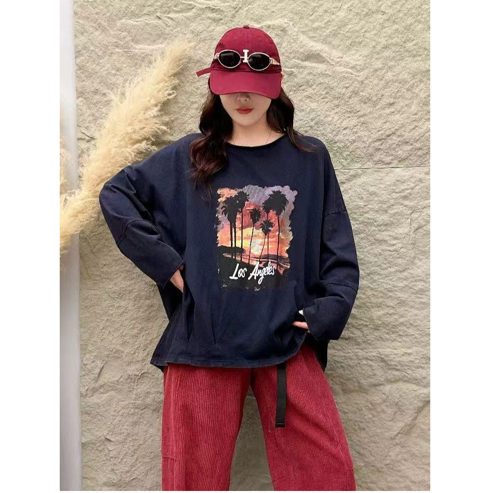 H35做旧长袖字母落肩袖人物印花T恤宽松加厚复古套头