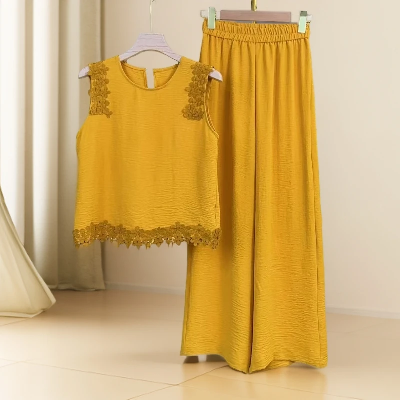 【两件套】2025夏季新款轻奢蕾丝边衬衫高腰显瘦阔腿裤时尚套装M264