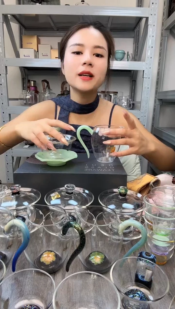 手工艺品玻璃禾器 禅语盖碗 浅玉色
