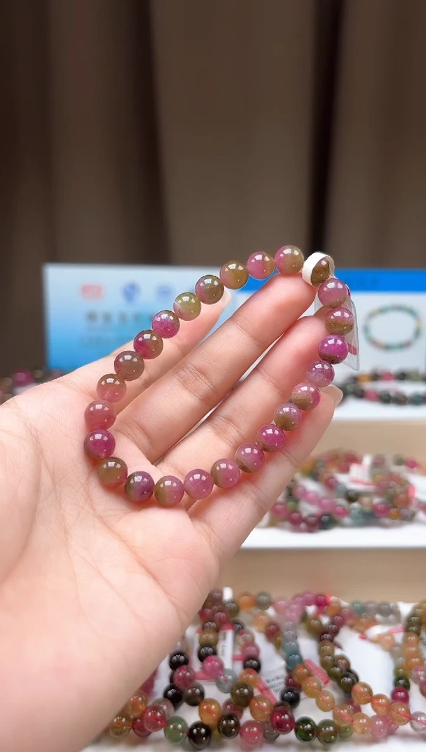 未镶嵌手串碧玺A*y8mm巴西老料浓郁正西瓜荧光体碧玺单圈手串