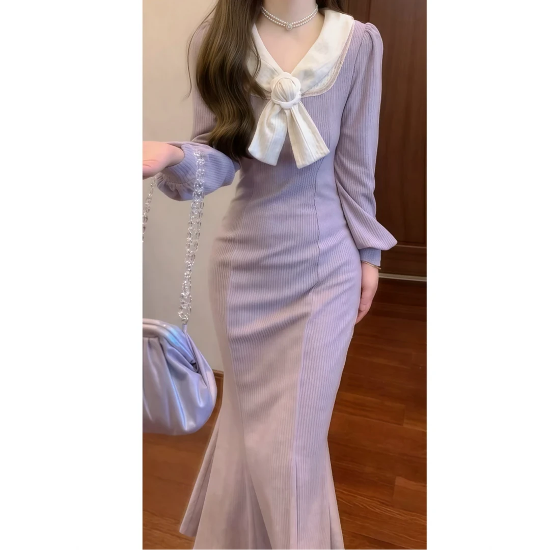 法式温柔风蕾丝长袖系带针织高腰连衣裙名媛气质秋季长裙7115