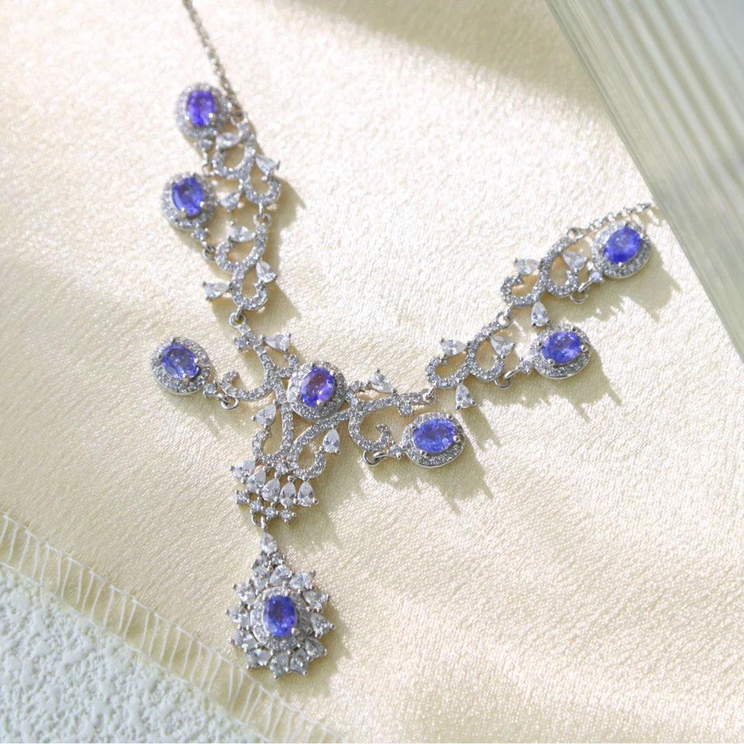 s925天然宝石坦桑石宫廷套链