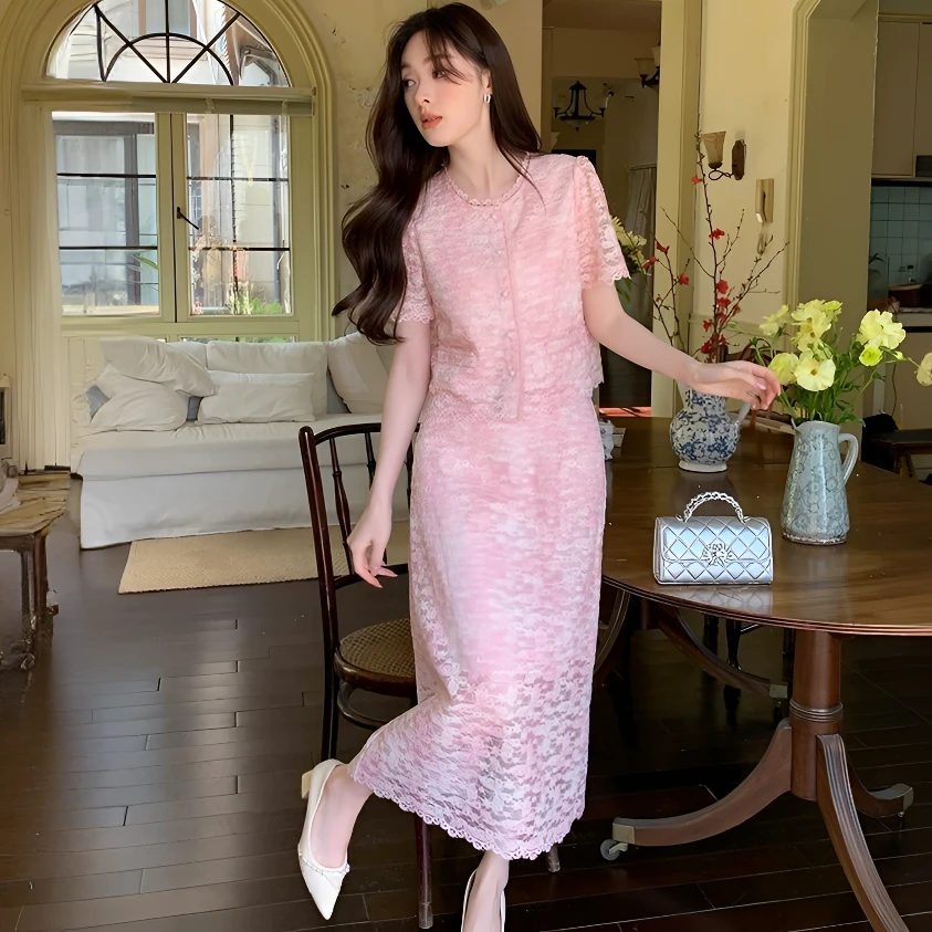 【衣佳精品】夏季新款法式重工蕾丝气质小香风上衣+半身裙两件套