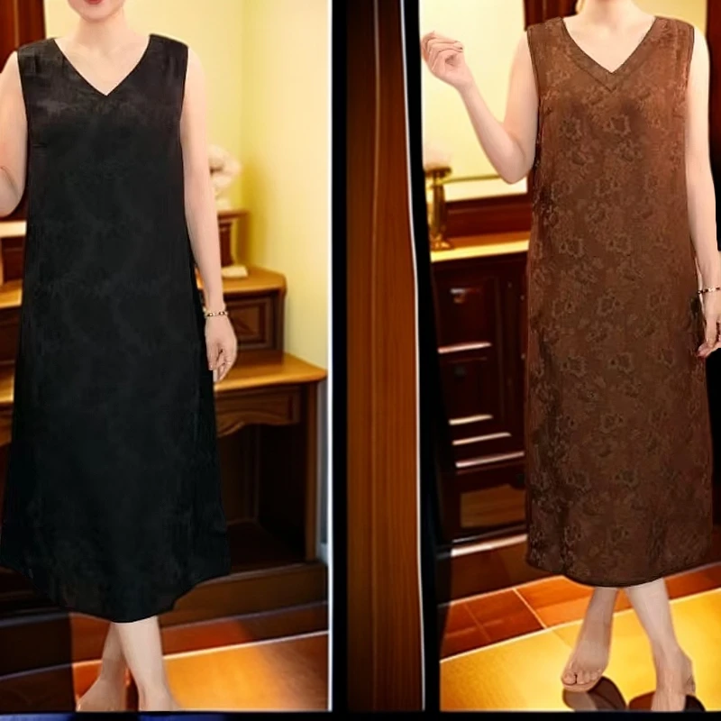 轻奢高端提花V领连衣裙法式无袖背心中长款气质宽松连衣裙155
