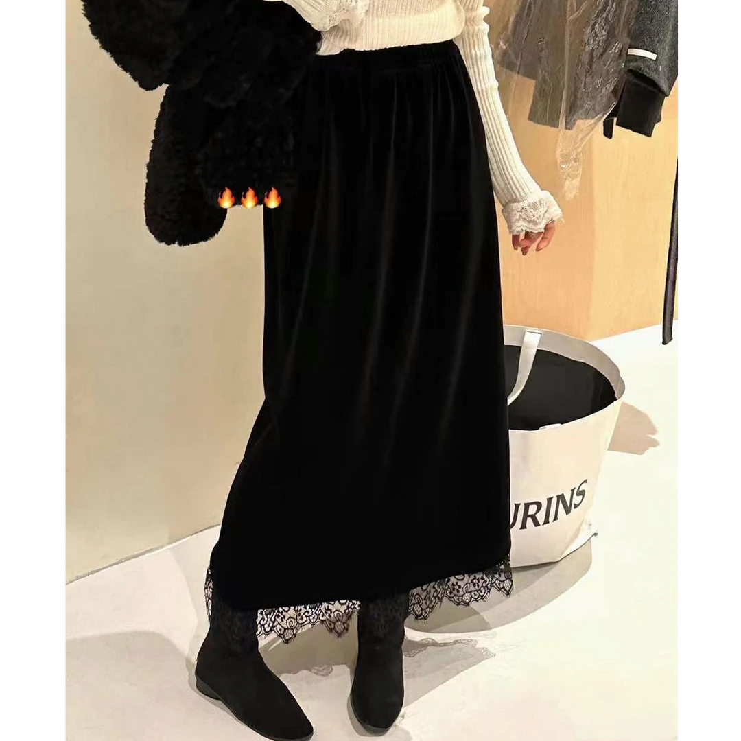 贝姐同款【蕾丝半身裙】MN优雅显气质金丝绒蕾丝花边半身裙8725