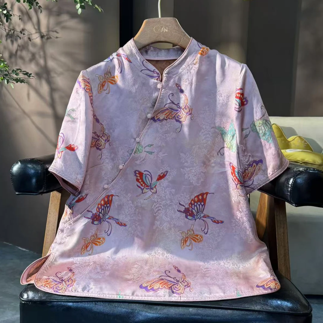 香纱彩蝶旗袍领珠扣短袖