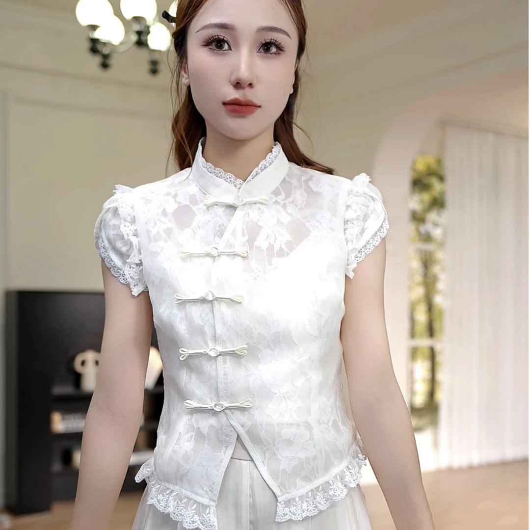 思思小个子服装【新中式国风设计感蕾丝盘扣上衣】#25F346