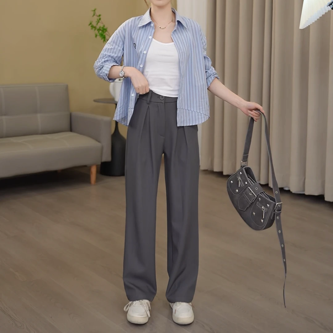 欧若风春夏季轻职风高腰长裤直筒裤休闲裤外穿百搭休闲垂感西装