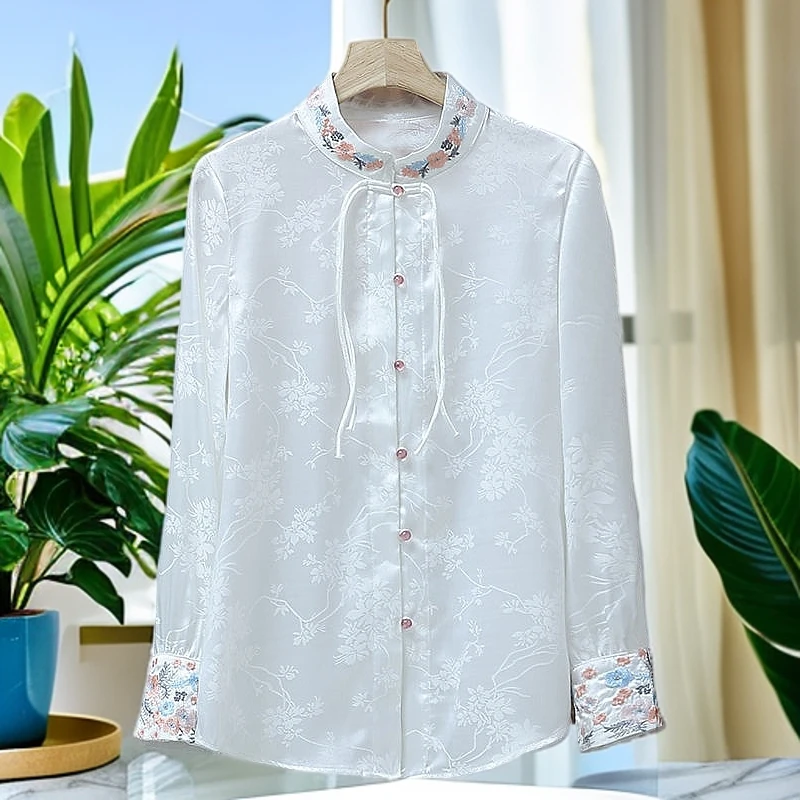 春秋爆款新中式上衣国风刺绣衬衫女时尚洋气宽松百搭遮肚显瘦衬衣