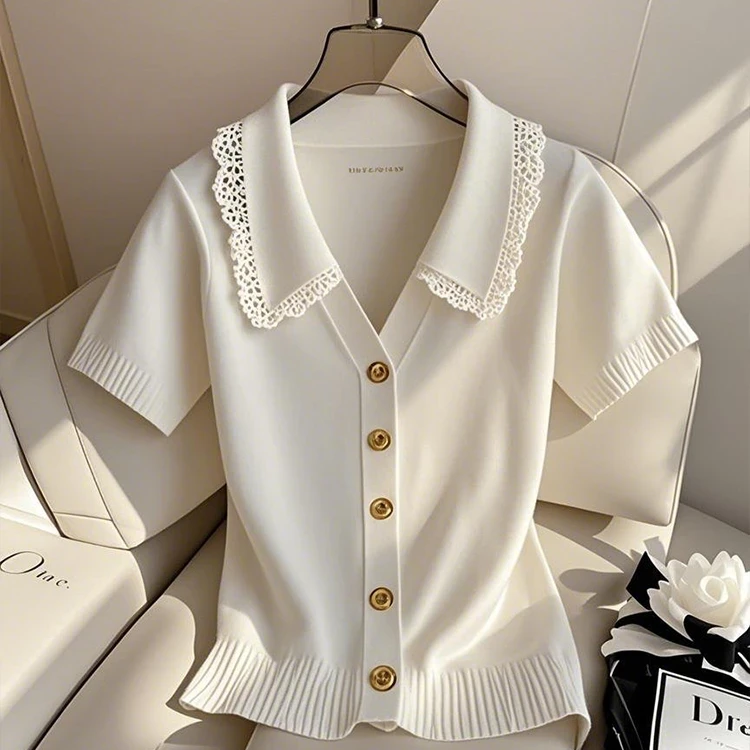 2025新款爆款洋气白色蕾丝花边针织衫高级感时尚短袖上衣T恤夏季