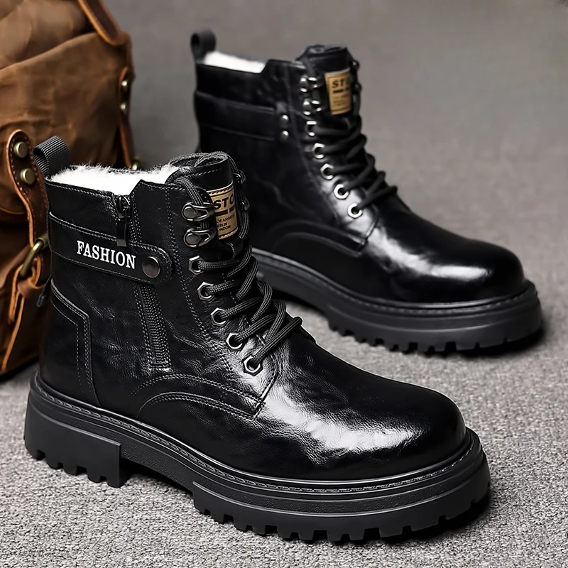 轻奢雪地靴冬季新款真皮马丁靴男款加厚羊毛棉鞋高筒加绒保暖男鞋