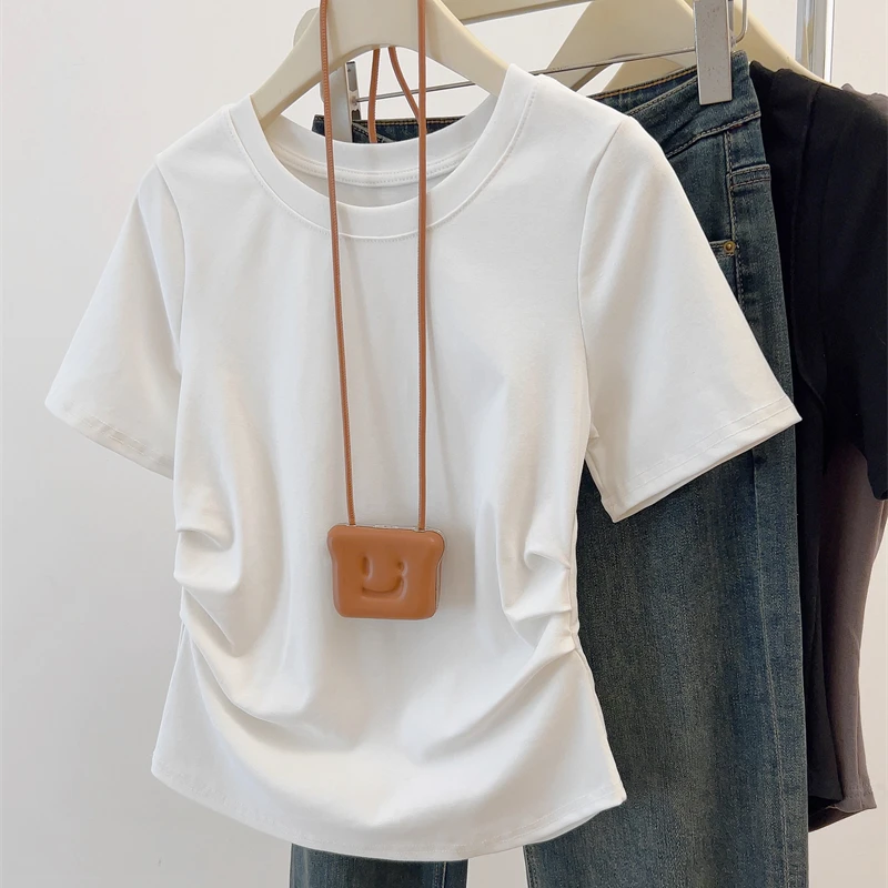 X大码胖妹妹遮肚上衣显瘦藏肉夏季设计感收腰褶皱正肩百搭短袖t恤