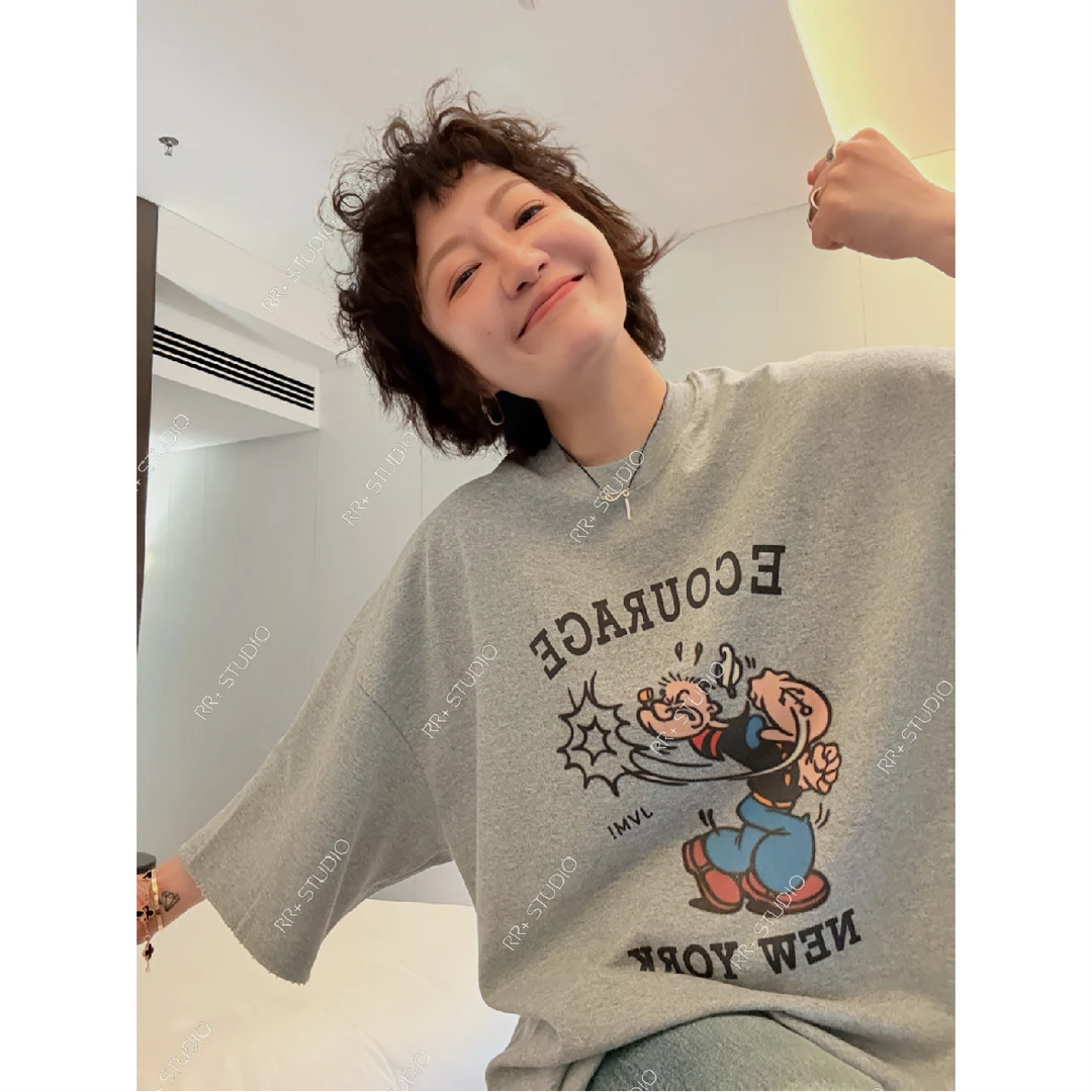 『豆公子』22280个性简约卡通人物短袖T恤女秋冬慵懒百搭时尚上衣
