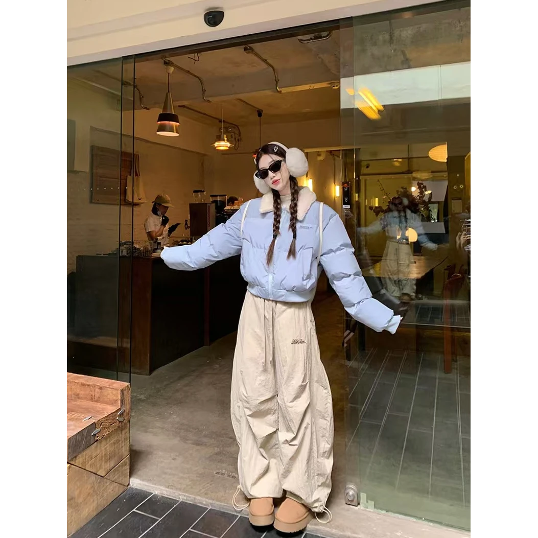 毛领拉链保暖长袖棉服外套女2024冬季新款印花棉衣裤子套装8258