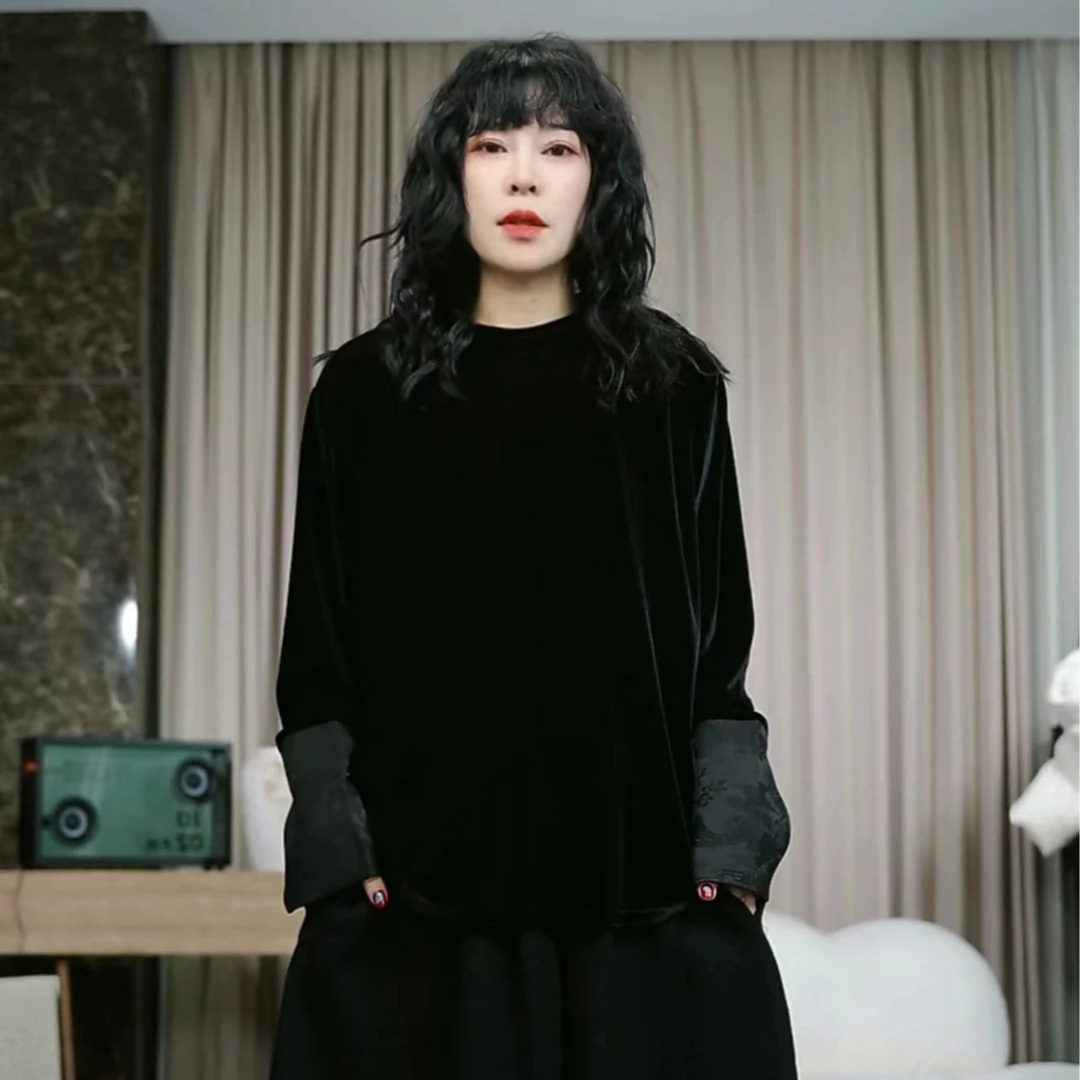 infobyfive2025新中式秋季新款显瘦气质百搭丝绒打底T恤2DB2601