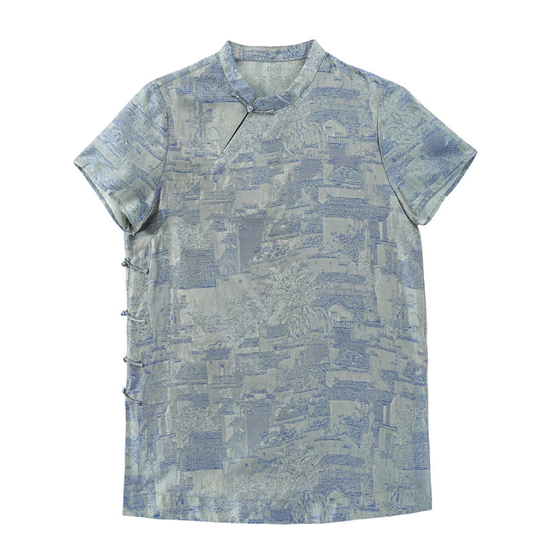 朝露-YZ253235新中式桑蚕丝浮光锦上衣时尚中国风气质休闲女装