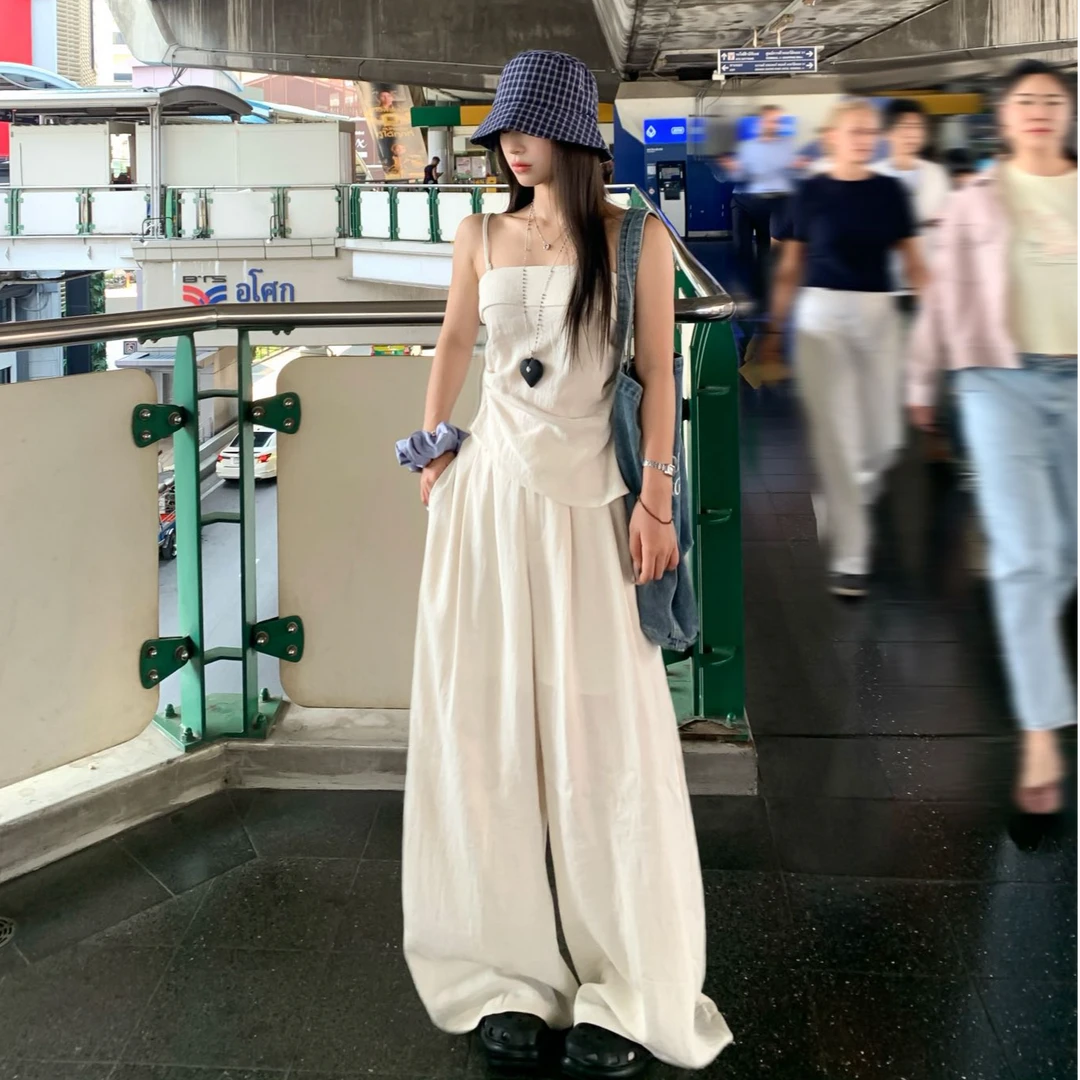 2025夏季新款时尚套装气质显瘦吊带上衣宽松阔腿长裤洋气休闲百搭