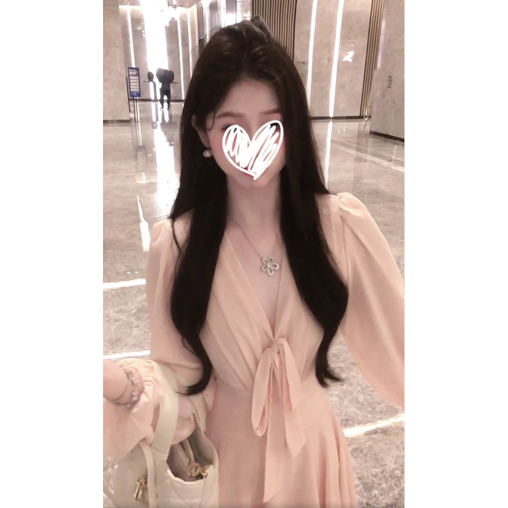 古早美人】飘带收腰显瘦温柔设计感大裙摆长袖连衣裙子新款时尚女