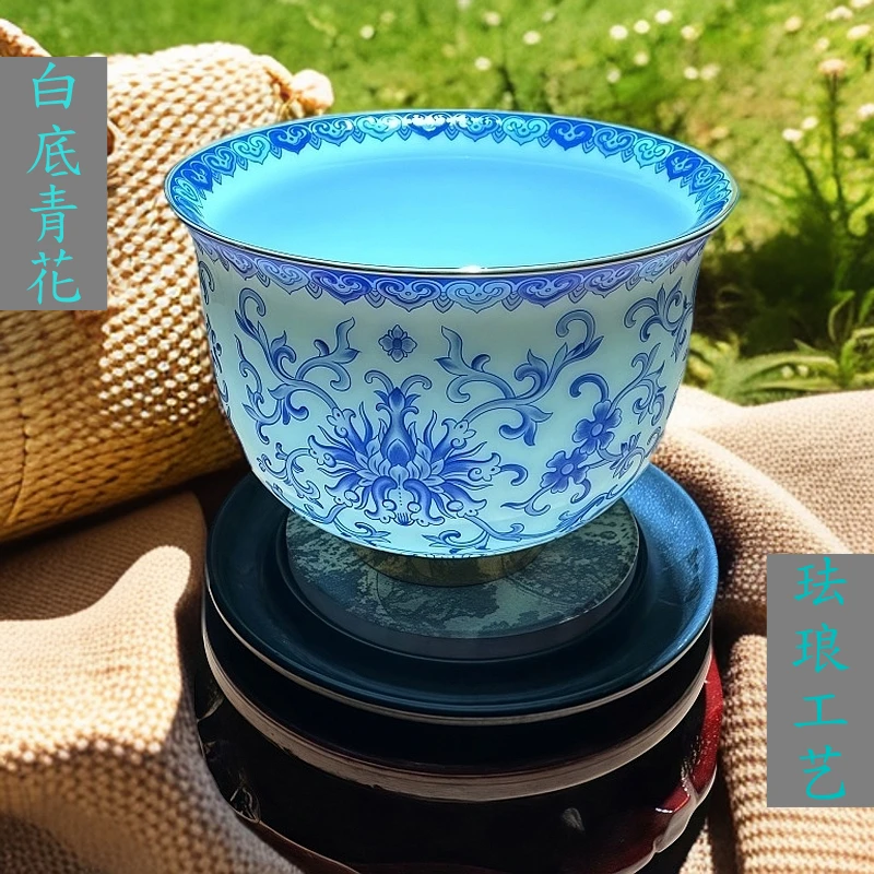 高温陶瓷青花珐琅茶杯功夫茶具主人家用压手杯主人杯珐琅彩缠枝