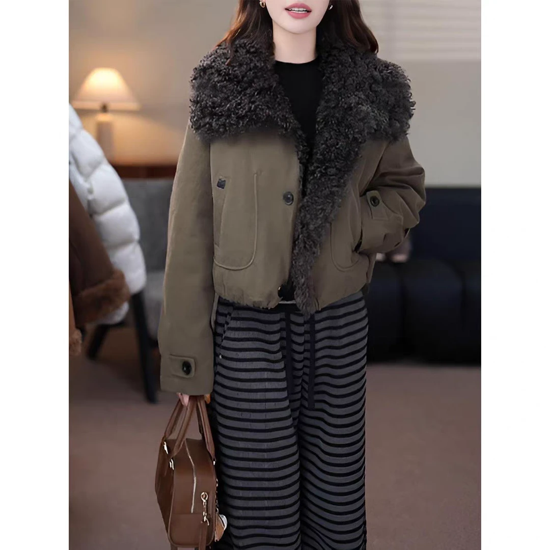 时尚复古毛领拼接棉衣女2025冬季新款洋气宽松显瘦保暖夹棉上衣潮