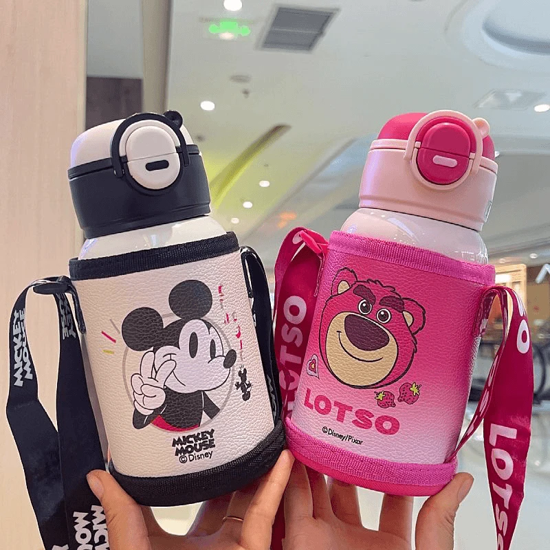 迪士尼双饮保温杯316不锈钢便携杯套斜跨儿童水杯15073