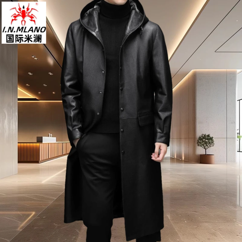 头层牛皮真皮皮衣男过膝加长款中年连帽加绒加厚冬季时尚风衣外套