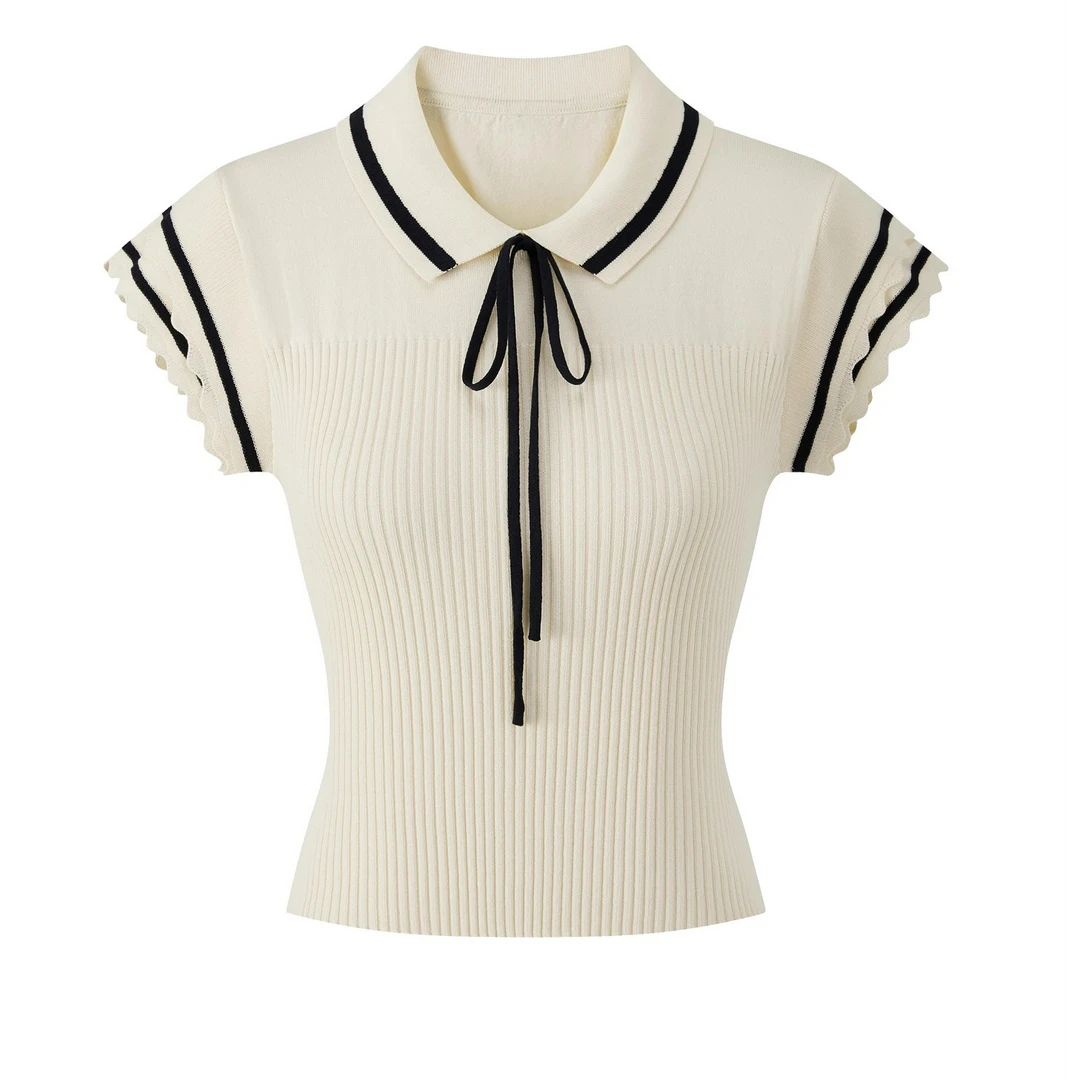 羊城故事-复古撞色小飞袖针织t恤女新款学院风修身上衣Y50752091