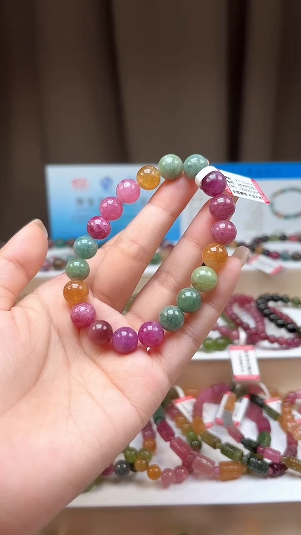 手串未镶嵌碧玺9.8mm艳丽彩虹色高阶油画体碧玺单圈手串