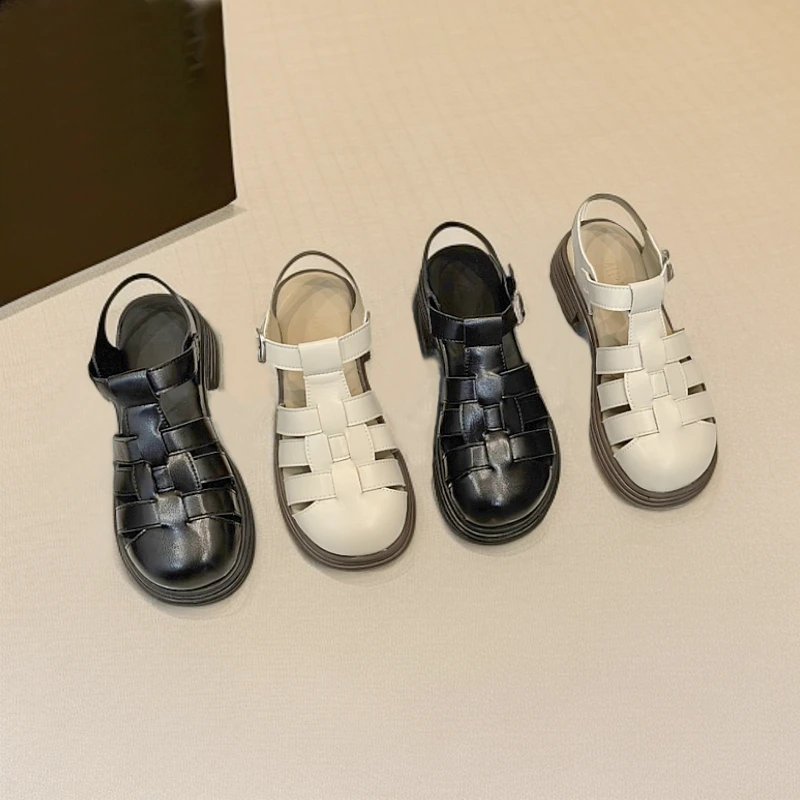 2025夏季新款包头罗马凉鞋女百搭休闲厚底猪笼鞋透气镂空沙滩凉鞋
