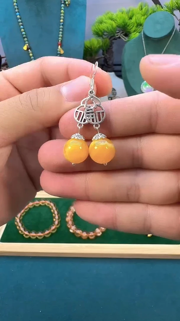 银S925镶嵌蜜蜡耳饰E57