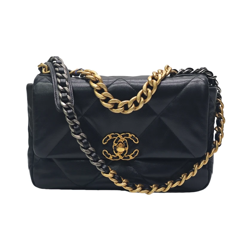 99新 Chanel/香奈儿 19Bag黑金小号/中号羊皮链条包