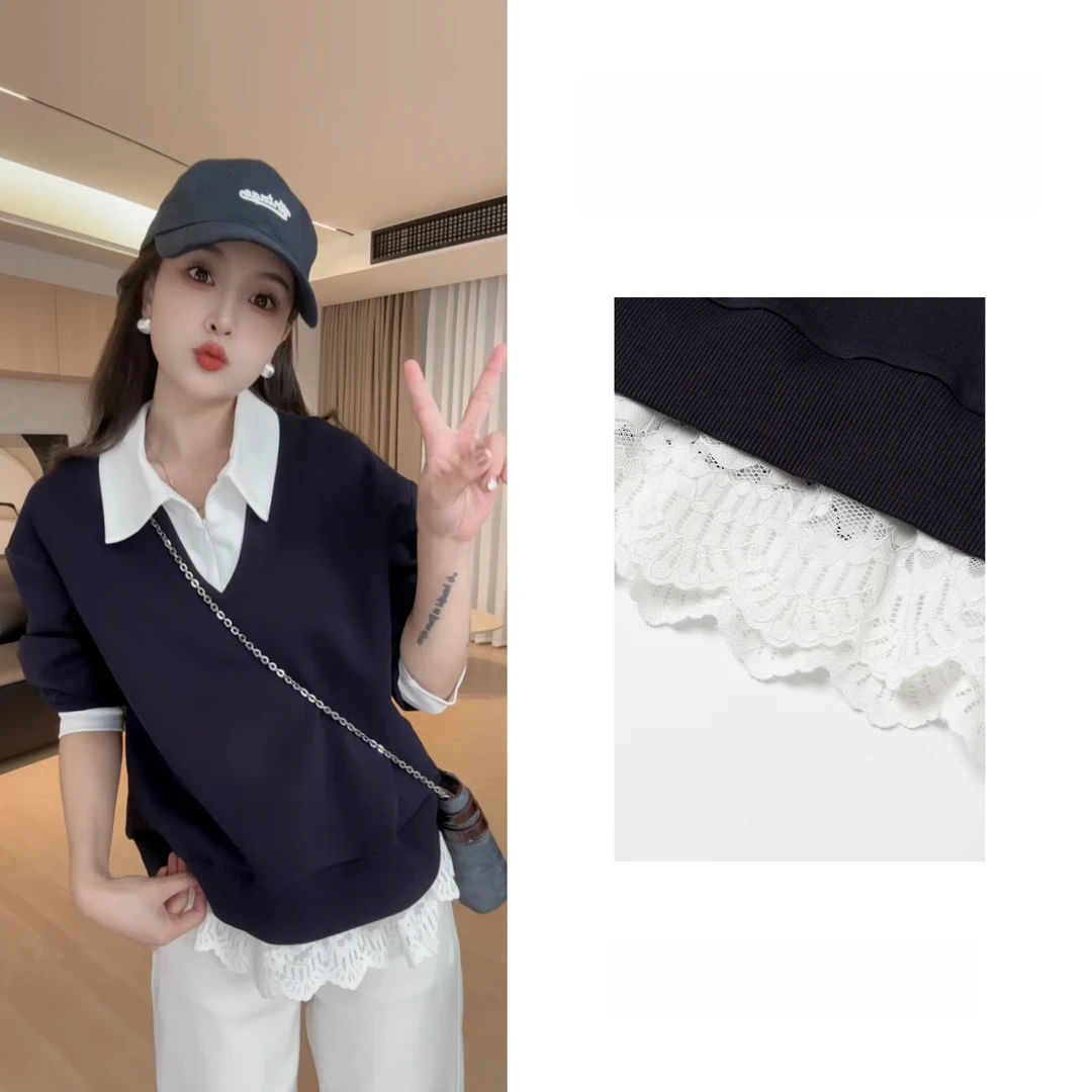 2025春季新款时尚百搭清新POLO领拼接下摆蕾丝假两件卫衣YAL0089