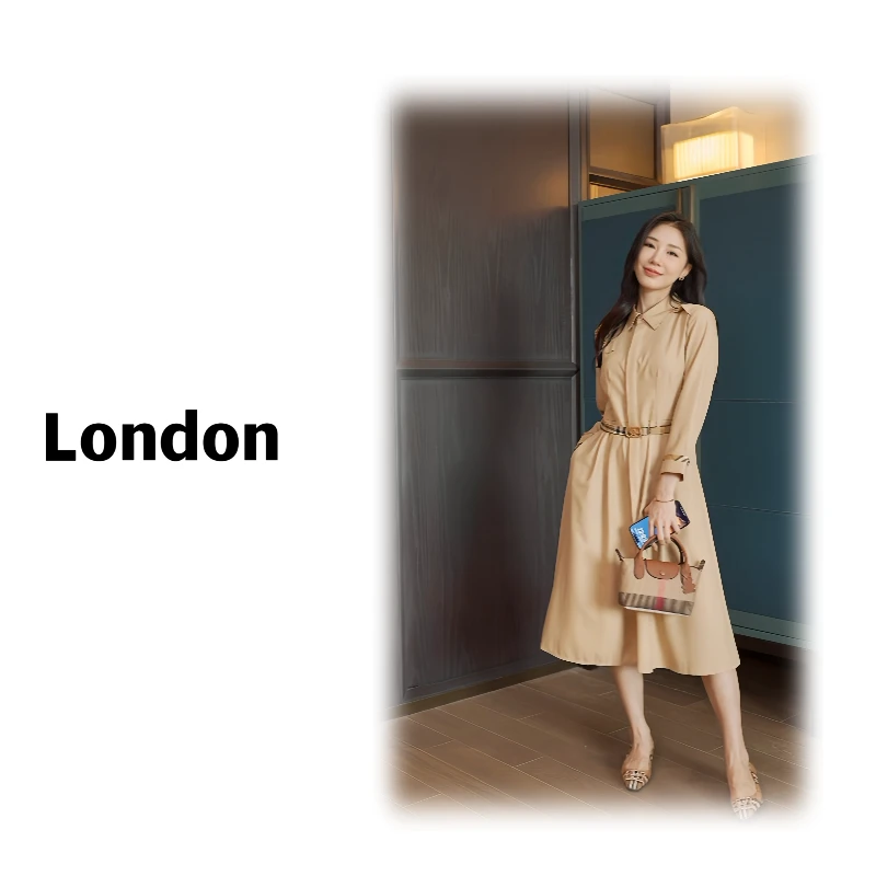 【六六门仓店】春秋季时尚英伦风收腰中长款女士连衣裙175890