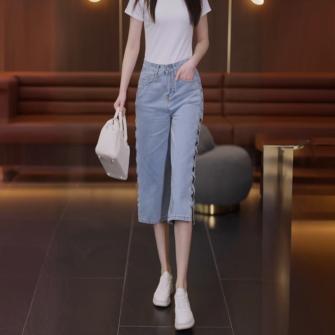 2025年夏洋气潮款设计感天青色镂空七分牛仔裤薄款宽松高腰直筒裤